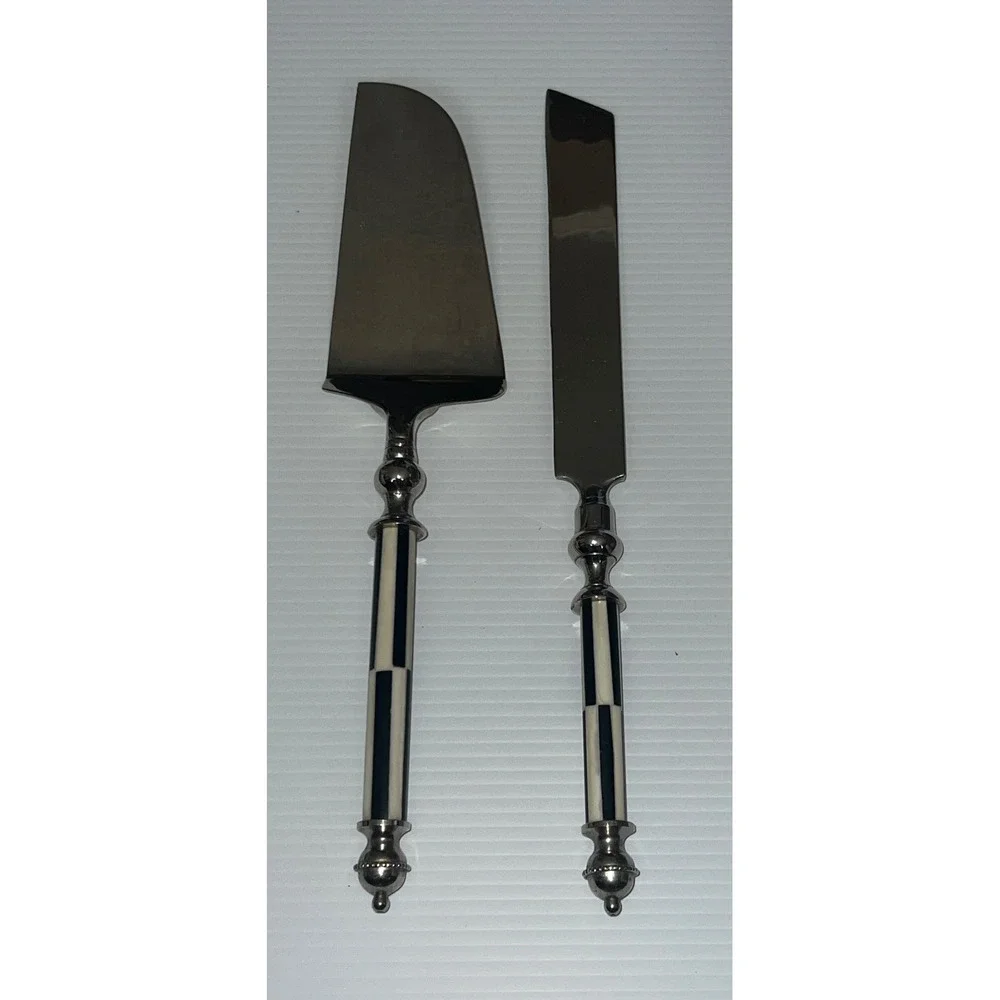 Cake Server Knife Set Black White Good Courtly Check Pattern